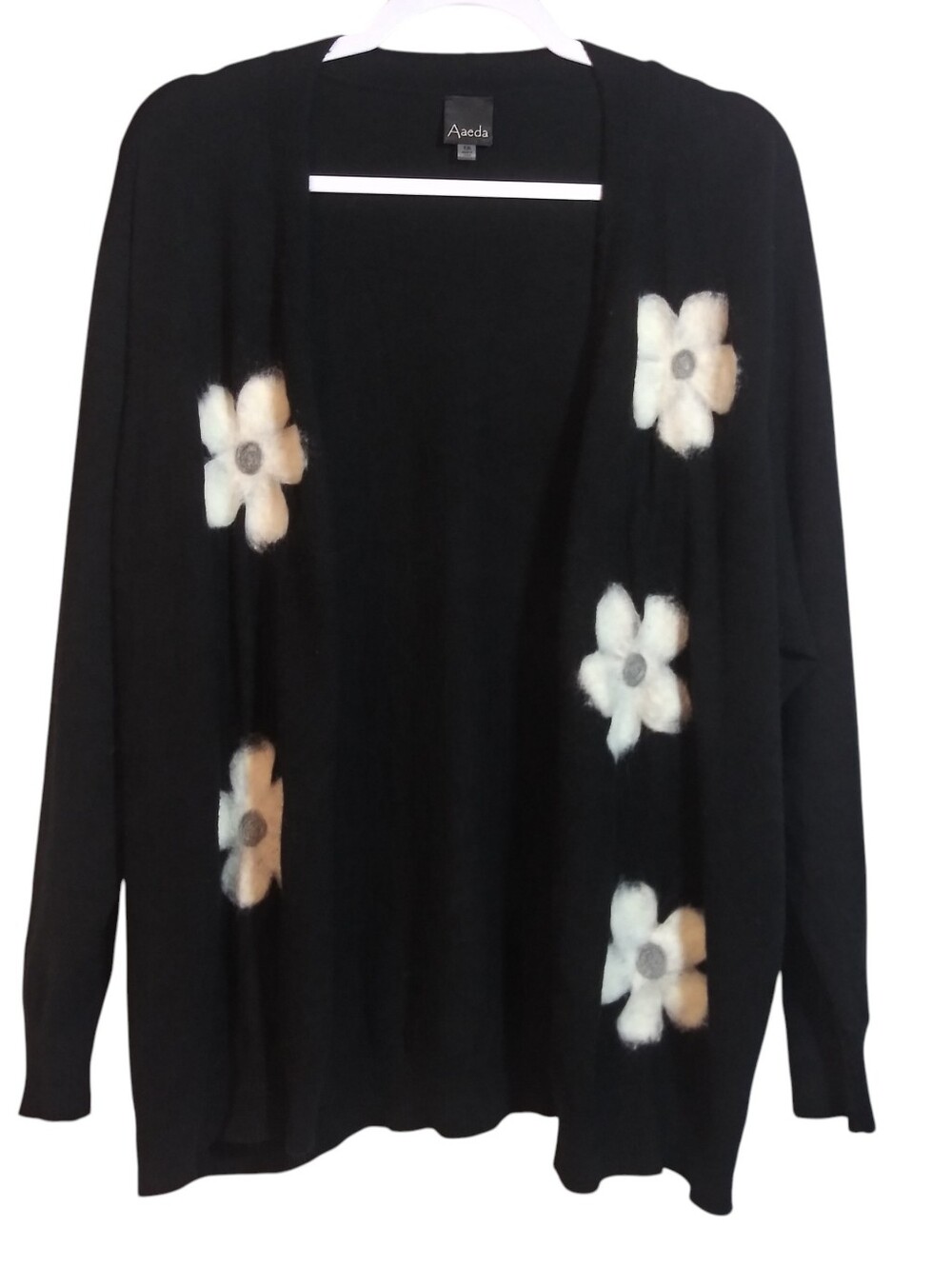 Aaeda Black Open-Front Felt Spun Floral Cardigan Sweater Size 1X